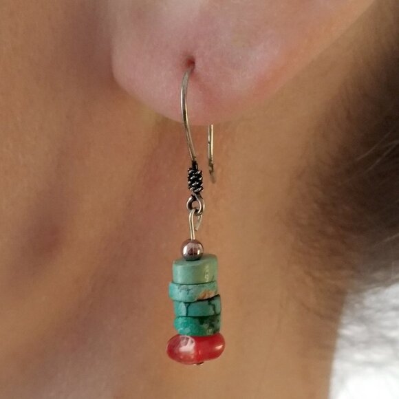 NEW OOAK Sterling Silver Turquoise Coral Earrings - Picture 2 of 2